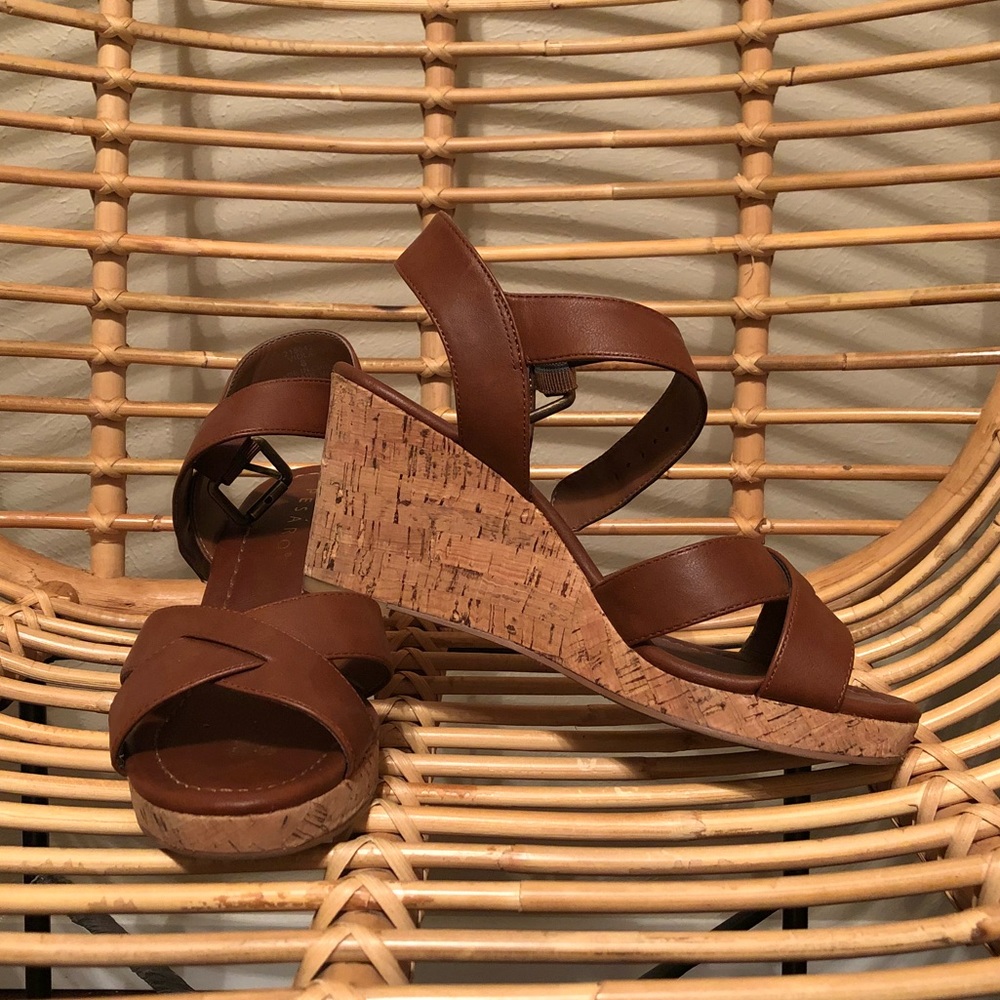 Brown cork wedge sandals. Size 8.